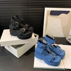 2028-15~2024年夏季新款松糕厚底防水台超高跟黑色坡跟羅馬涼鞋女