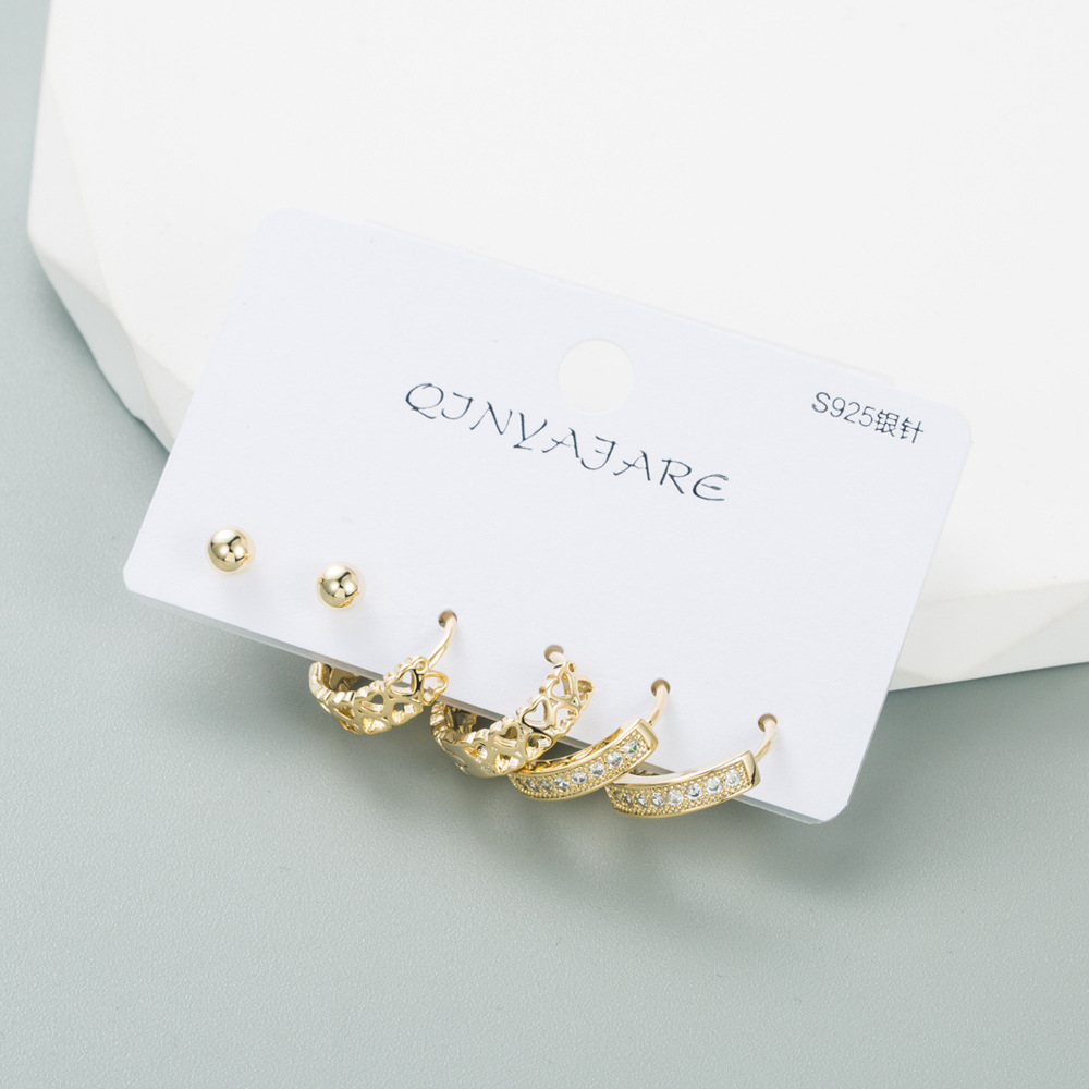 Fashion C Shape Square Copper Earrings Inlay Zircon Copper Earrings 3 Pairs