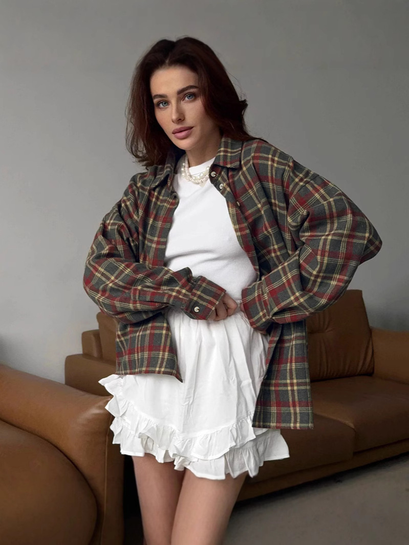 Summer New Plaid Retro Style Versatile Casual Lapel Long-Sleeved Cardigan Shirt European and American Polyester-Cotton Export Shirt for Women