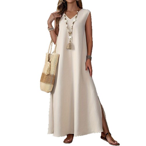 Amazon 2025 Summer European and American Women's Cross-border Women's Tank Top V-neck Side Slit One-piece Dress Elegant Long Dress