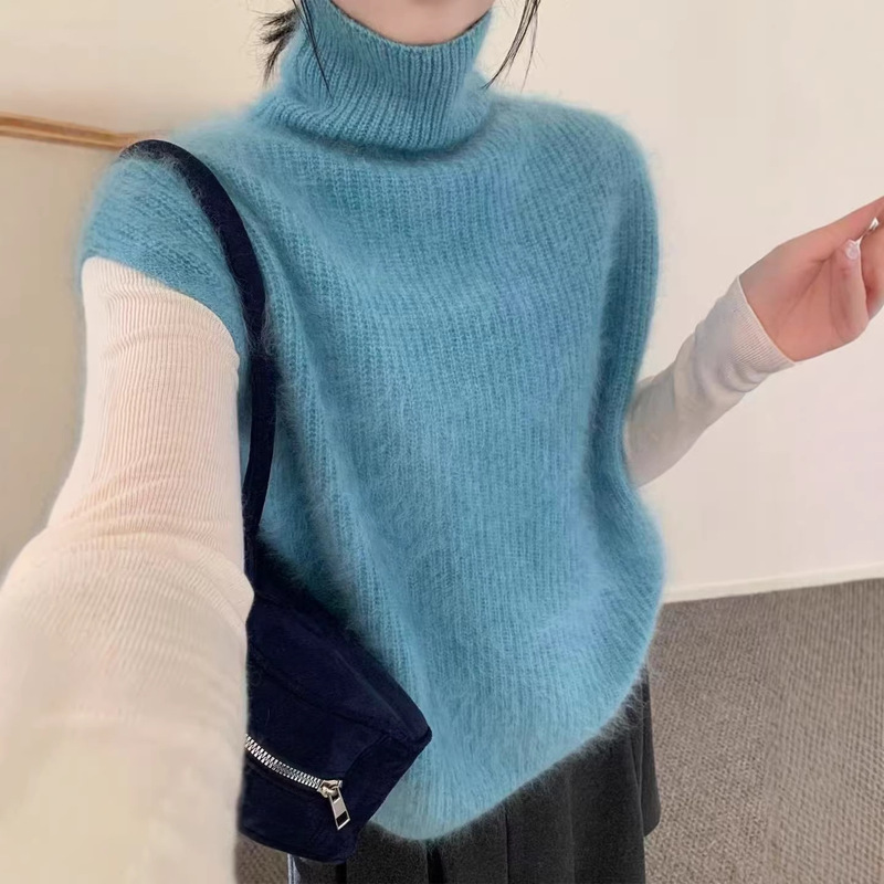 Korean-Style Solid Color High-Neck Faux Mink Knitted Vest for Women, Early Spring Sweet and Loose Fit for Petite Women, Layered Wear Top