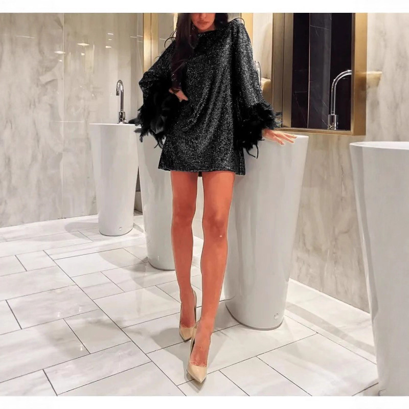 2026 Europäischer und amerikanischer Außenhandel grenzüberschreitendes neues sexy langärmeliges 3-Farben-Paillettenkleid mit V-Ausschnitt und Schnürung, elegantes kurzes Rockkleid