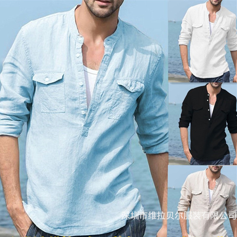 Large Stock of 2026 Cross-Border Foreign Trade Amazon Men's Cotton-Linen Casual Long-Sleeve Shirts with Pockets and Loose Fit Large Stock of 2026 Cross-Border Foreign Trade Amazon Men's Cotton-Linen Casual Long-Sleeve Shirts with Pockets and Loose Fit