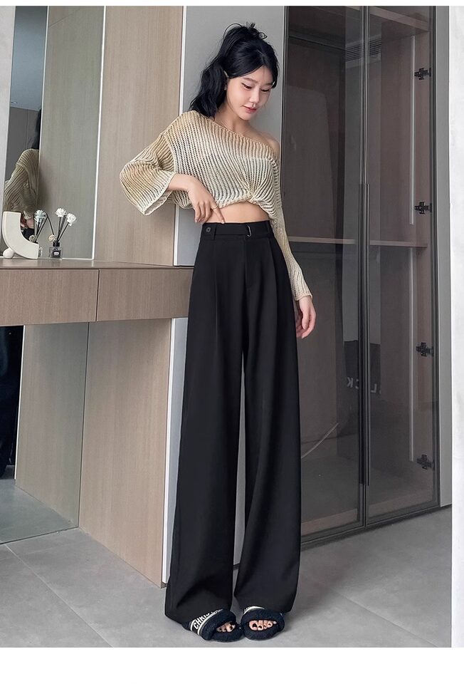 Quần ống rộng nữ cạp cao ống thẳng vải dệt mềm rũ, phong cách công sở — Mẫu thông thường màu xám (khuyến nghị 160cm trở lên), Mẫu thông thường màu đen (khuyến nghị 160cm trở lên), Người đàn ông nhỏ màu xám (khuyến nghị dưới 158cm), Người đàn ông nhỏ màu đen (đề nghị dưới 158cm) chi tiết 31
