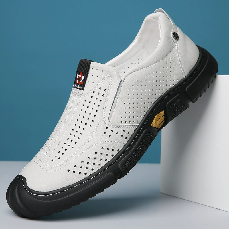 Кожаная обувь, мужская летняя 2023, новая мужская повседневная обувь с дырками, Полые Дышащие универсальные белые туфли из воловьей кожи с мягкой подошвой