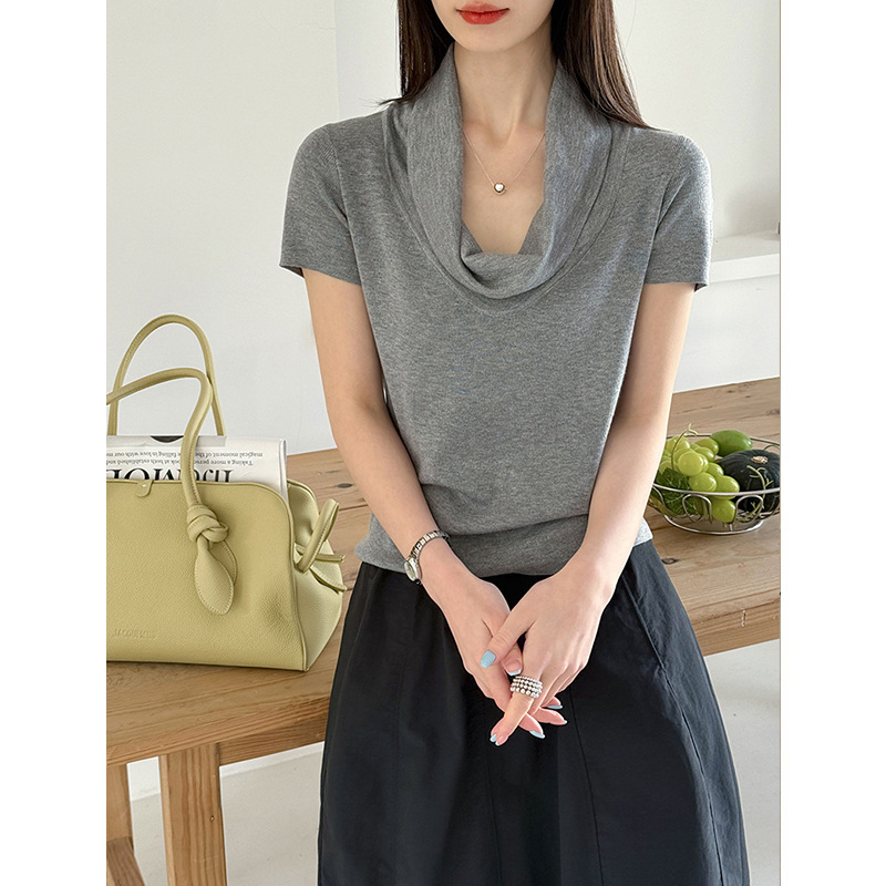 Orange and White Minimalist Design Versatile Turtleneck Top Women's Draped Collar Short-Sleeve T-Shirt 1496 Summer Thin Ice Silk Orange and White Minimalist Design Versatile Turtleneck Top Women's Draped Collar Short-Sleeve T-Shirt 1496 Summer Thin Ice Silk