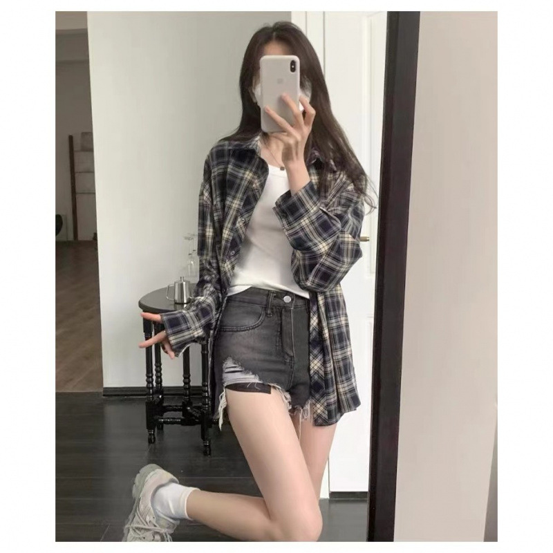 满江月幂式秋季新款复古格纹衬衫女休闲外套宽松休闲薄款开衫上衣|undefined