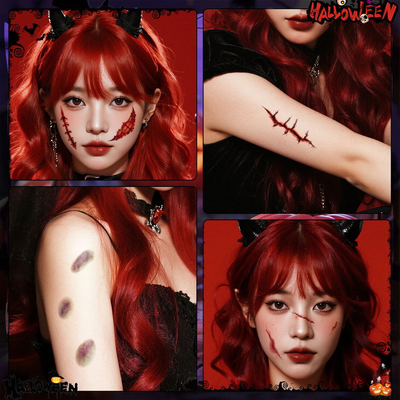 Halloween multi-pattern tattoo stickers wholesale: pumpkin, ghost, spider, skull, various bloody scars, fake wounds