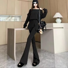 法式时尚休闲套装女秋季新款 宽简约松慵懒一直肩+修身显瘦微喇裤
