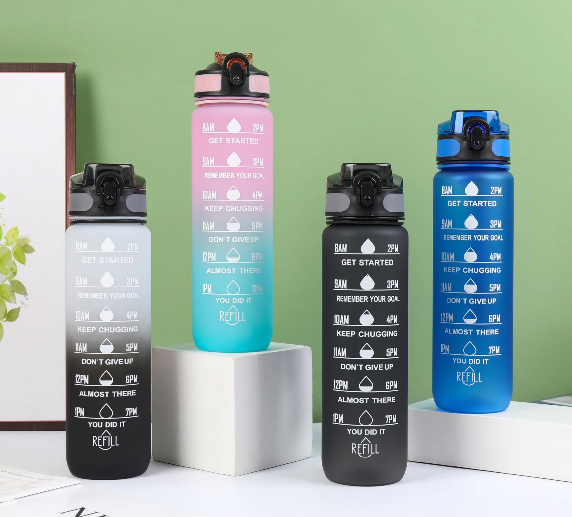 Estilo coreano 1000ml gradiente espacio de color Copa de fitness deportes hervidor de plástico transfronterizo rebote Tumbling Copa con escala