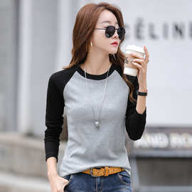 一件代发插肩袖春秋装韩版圆领拼色显瘦长袖t恤女棉质打底衫货源