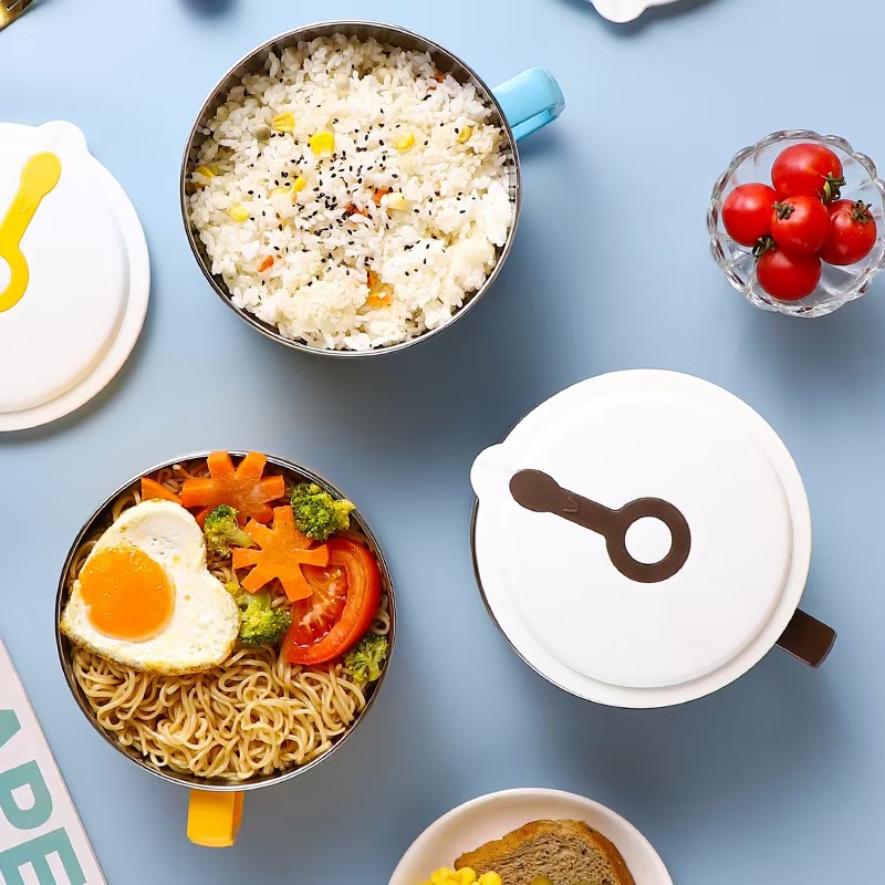 Cuenco de fideos instantáneos dormitorio de estudiantes Caja de almuerzo de acero inoxidable 304 con tapa para trabajadores de oficina de gran capacidad de estilo japonés mango aislado Tazón