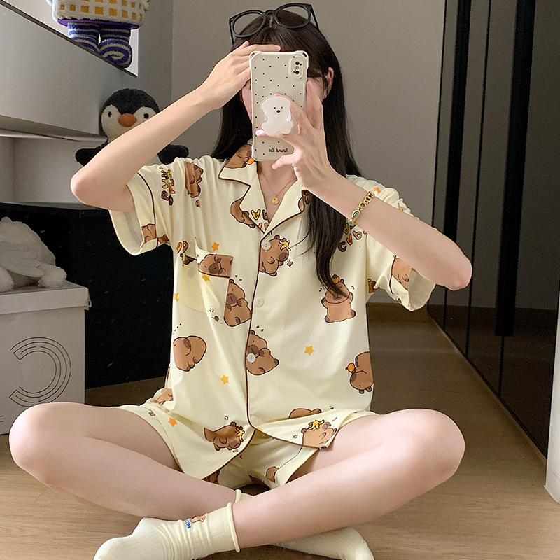 Venta al por mayor transfronteriza nuevo estilo imitación algodón de manga corta pantalones cortos pijamas mujeres rebeca de verano dulce y lindo dibujos animados casual servicio a domicilio