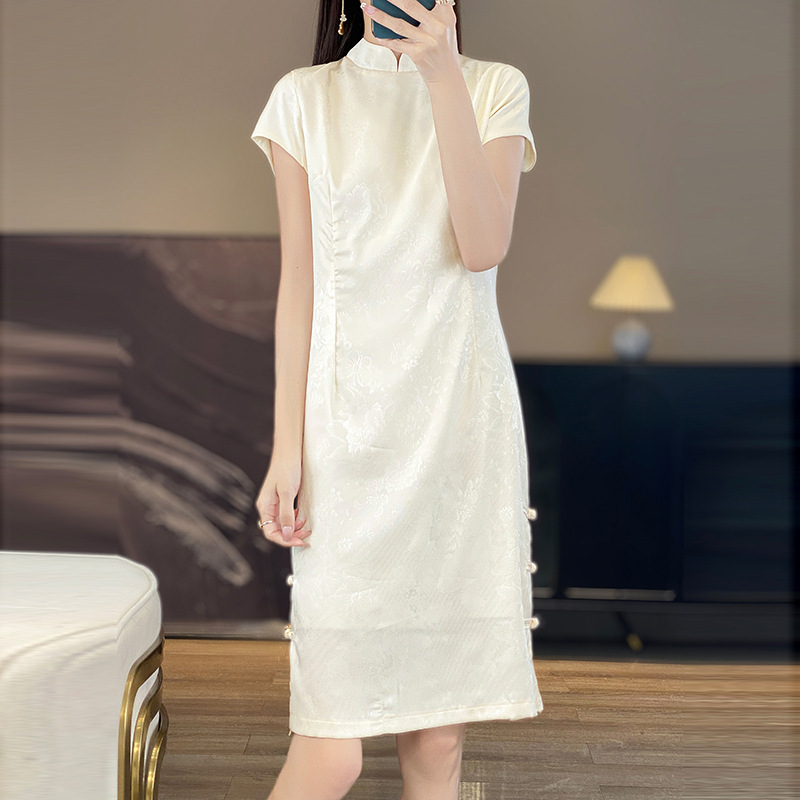 Cross-Border Cheongsam Dress 2025 Summer New Casual Versatile Dress Stand Collar Short Sleeve Elegant Half-High Collar Mid-Length Dress