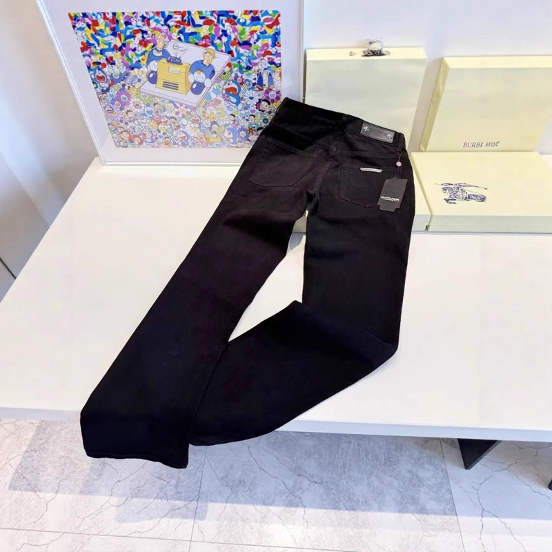 Cross-Border Influencer Style Pure Black Cross Letter Logo Flared Straight-Leg Unisex Slim-Fit Jeans