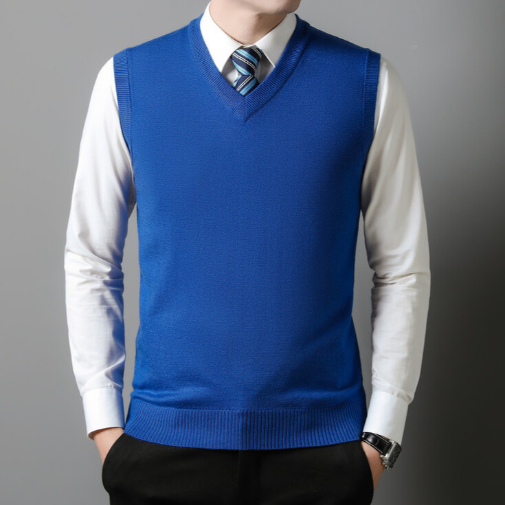 Foreign Trade Spring & Fall Wool Pure Color Vest Middle-Aged Men's High-End V Neck Knitted Sweater Warm Vest Sleeveless Waistcoat