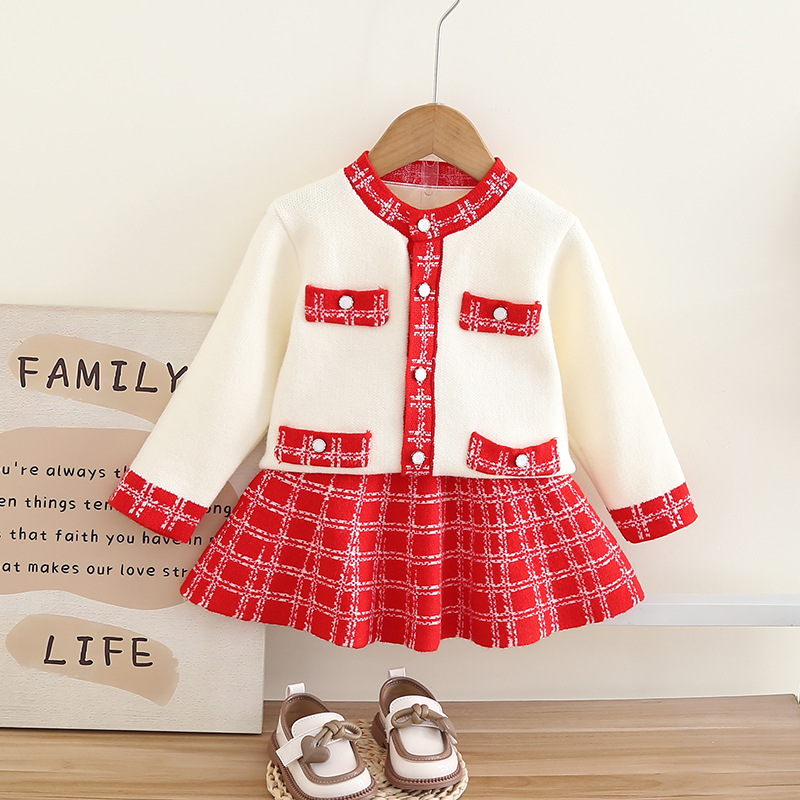 Pulloverkleid für Mädchen mit goldenem Rand, kleiner duftender und minimalistischer Stil, gestricktes zweiteiliges Kleid, Baby-Mädchen,_voghion.com