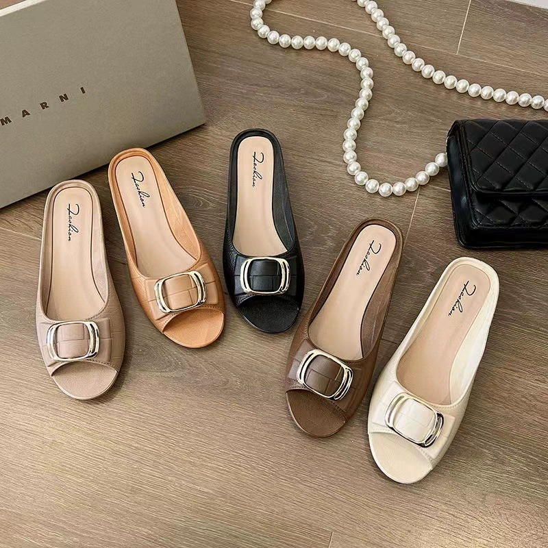 Модные полужапочки женские новые летние повседневные толстые на каблуках квадратные пряжки носить плоские повседневные холодные тапочки Юго-Восточной Азии трансграничные