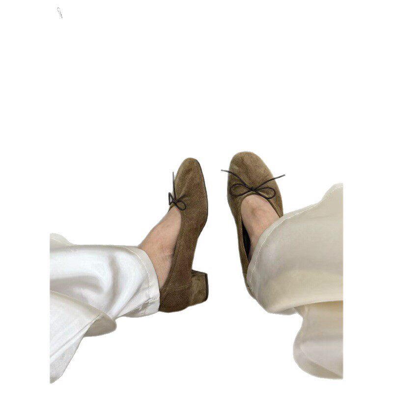 Giày búp bê Mary Jane da lộn mũi tròn đính nơ gót thô thấp — Khaki (da lộn), Màu nâu (da lộn), Màu đen (da)