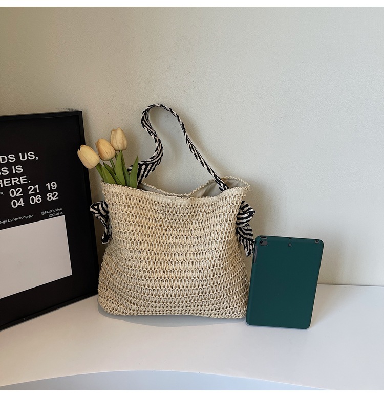 Summer large-capacity straw woven bag for women, 2025 new style seaside and beach vacation single-shoulder bag, commuter tote bucket bag Specification drawing