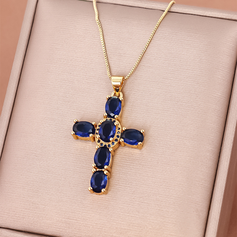 Casual Streetwear Cross Copper Inlay Zircon Pendant Necklace display picture 8