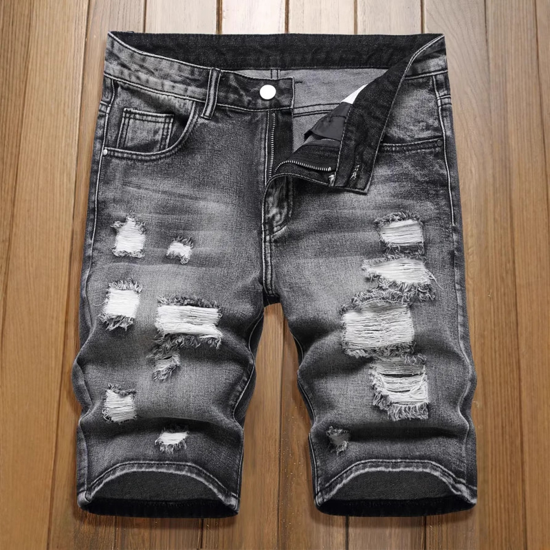 Men's Denim Shorts with Holes, Stylish and Versatile, Black Mid-Length Pants with Multiple Craftsmanship Techniques, Distressed and Vintage-Style Knee-Length Men's Pants Men's Denim Shorts with Holes, Stylish and Versatile, Black Mid-Length Pants with Multiple Craftsmanship Techniques, Distressed and Vintage-Style Knee-Length Men's Pants