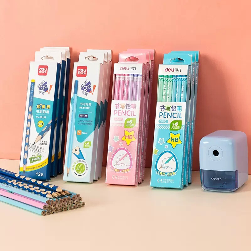 Deli Zhengzi Cave Pencil Pupil Pencil Students Pencil HB Triangle Rod 2b with Rubber Head Hexagon Rod