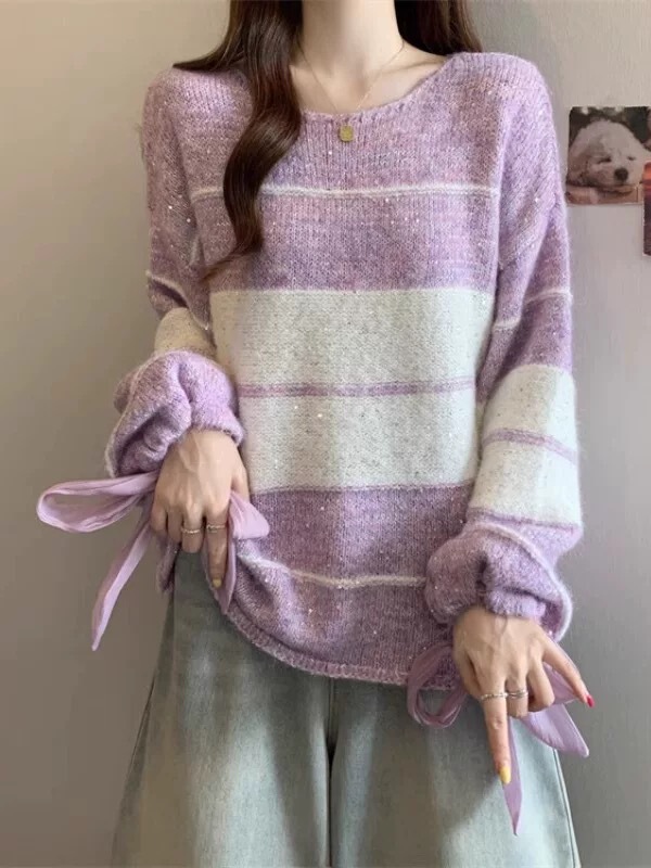 蝴蝶结亮片系带条纹套头毛衣女2025秋冬新款宽松设计感甜美针织衫|undefined