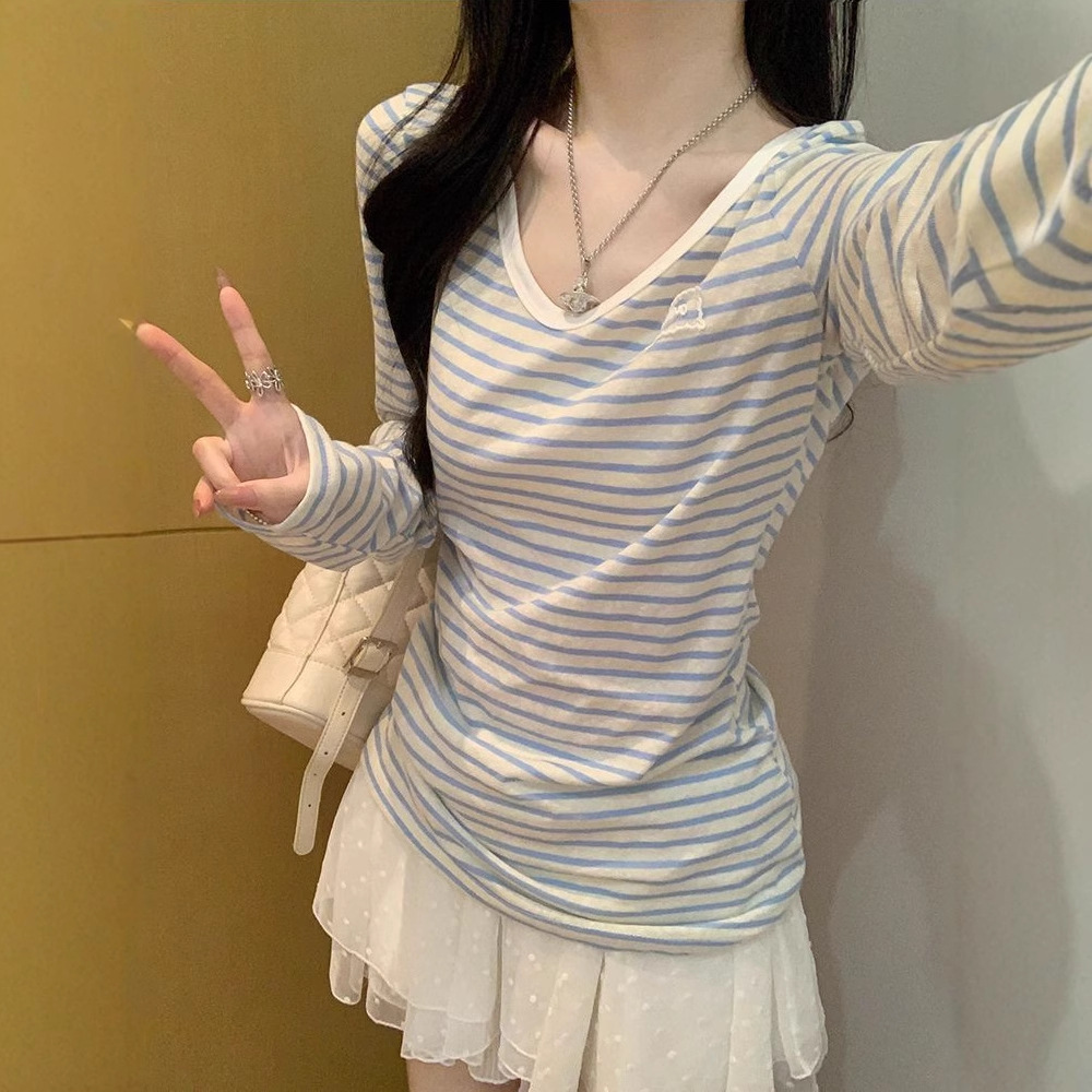 Blue Striped Sunscreen Long-sleeved T-shirt Women's Spring And Autumn Loose Lazy Blouse Top_ecoleips.com