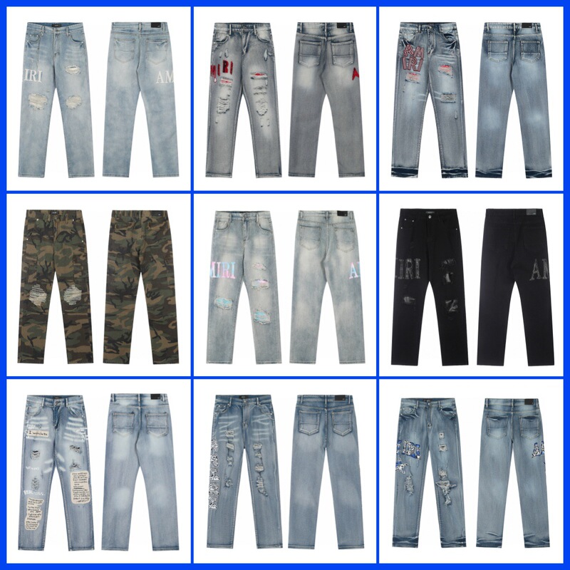 Cross-Border Trendy Brand New Am1R1 Icon Ripped Fashion Denim High Street American Casual Straight Jeans in Stock