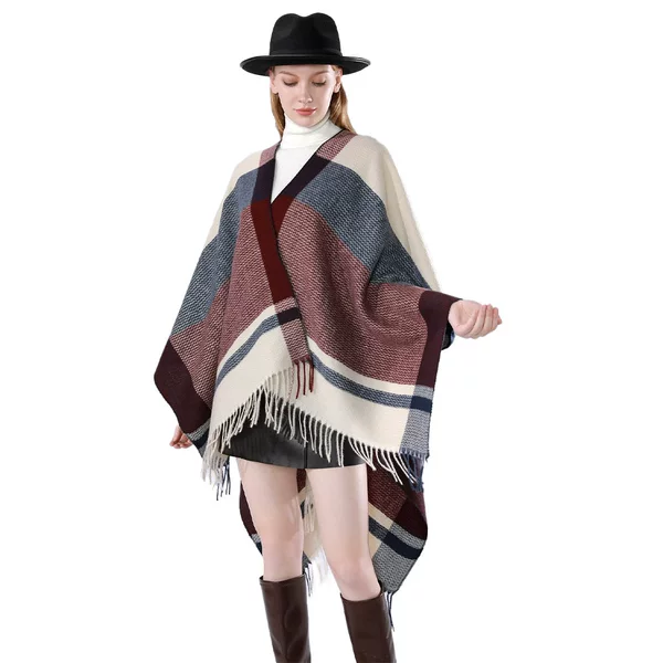 Cross-border Amazon New Plaid Tassel Shawl European and American Fashion All-match High-end Split Cloak Warm Cloak for Women