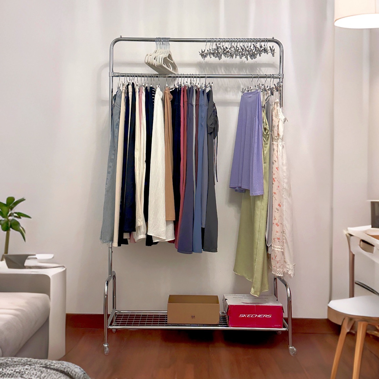 Electroplated Double-Pole Carbon Steel Glossy Double-Layer Clothes Hanger Floor-Standing Coat Rack Household Clothes Rack Rod Three-Layer Storage Rack