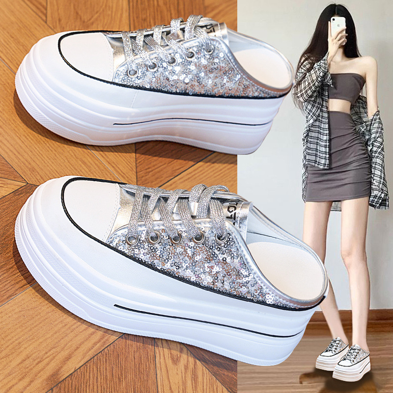 Thick-soled White Shoes Women's Summer New Breathable Half Slippers Women's 2025 Summer New Genuine Leather All-match Sports and Leisure