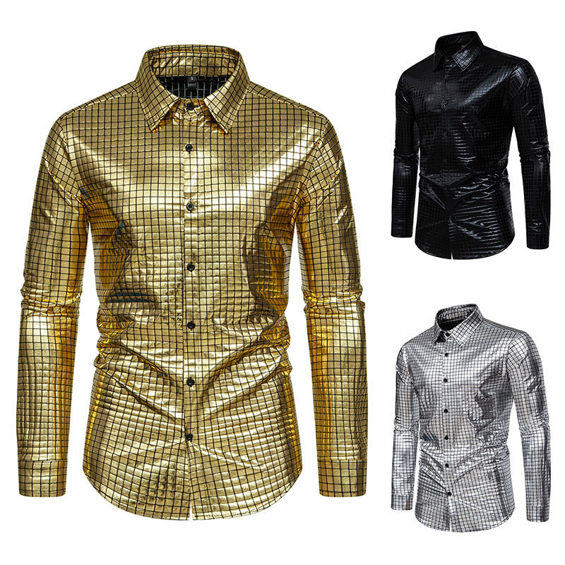 New Plaid bronzing stage wear banquet fashion men's long-sleeved shirt