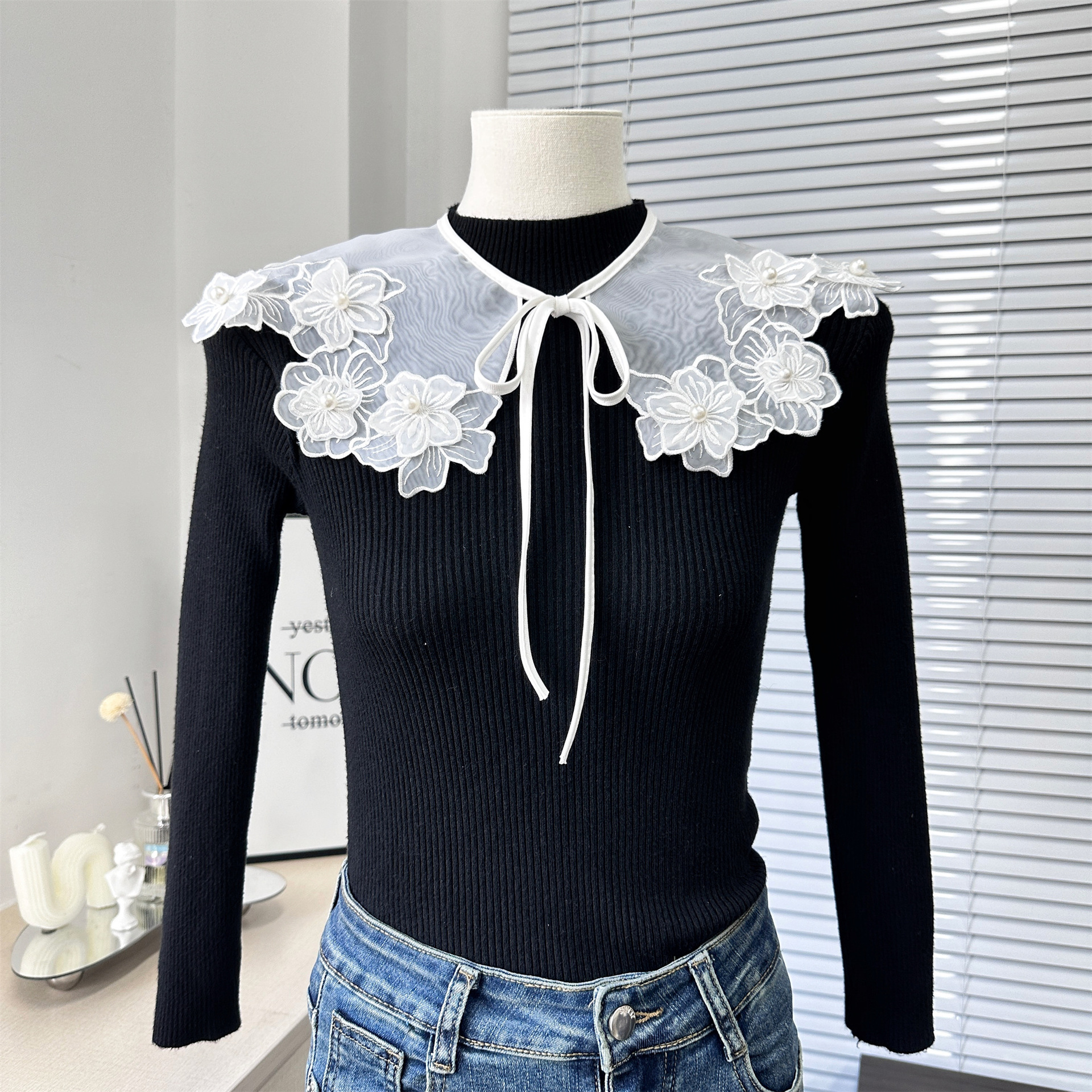 Nueva organza bordado perla falso collar encaje-up arco chal versátil DIY collar flor fábrica al por mayor