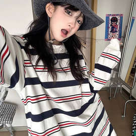 美式复古高街慵懒风条纹oversize卫衣女春秋2025新款长袖T恤艺瑾