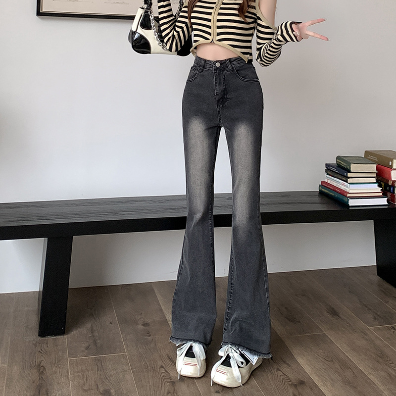 韩版辣妹修身微喇叭显瘦裤子女秋冬季新款设计感小众毛边马蹄裤子