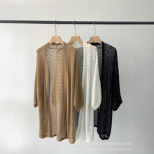 轻奢BC新款100亚麻中长款时尚针织衫女士镂空透气宽松外搭开衫夏