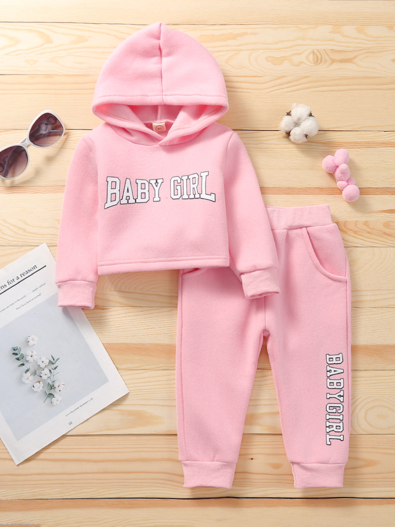 Printemps et automne coréen nouvelles filles lettre impression courte à capuche pull décontracté pantalon deux pièces ensemble_voghion.com