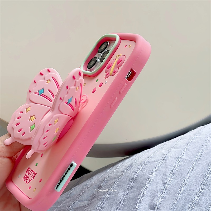立体蝴蝶折叠支架适用苹果13粉色手机壳iPhone14新款14promax全包详情5