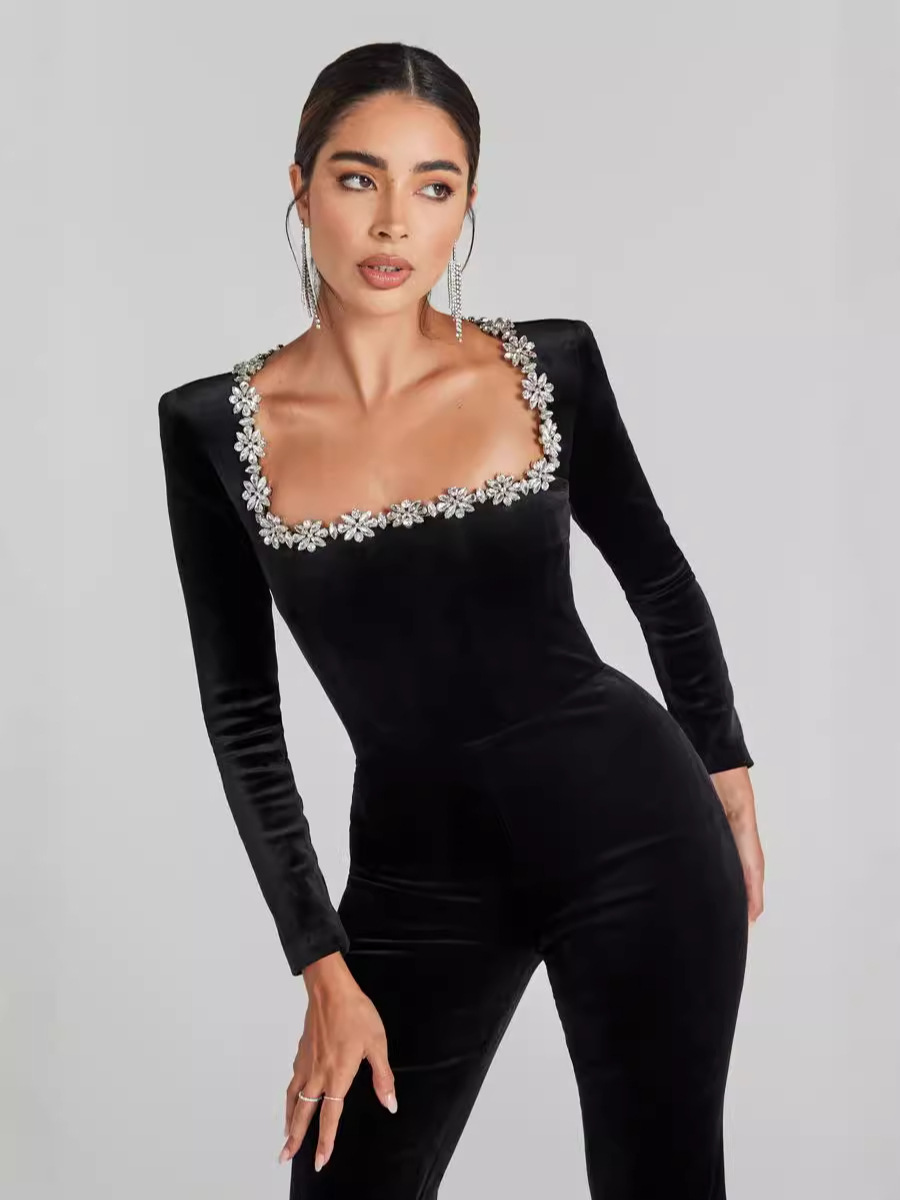 2025 transfronterizo Amazon chats de otoño con diamantes cuello cuadrado manga larga chats de lujo ligero