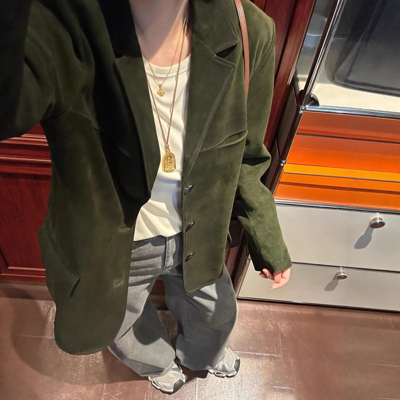 Light Luxury Genuine Leather Suit Goatskin Suede Leather Jacket 2025 Autumn and Winter New Mid-Length Wide Version Suede Casual Jacket