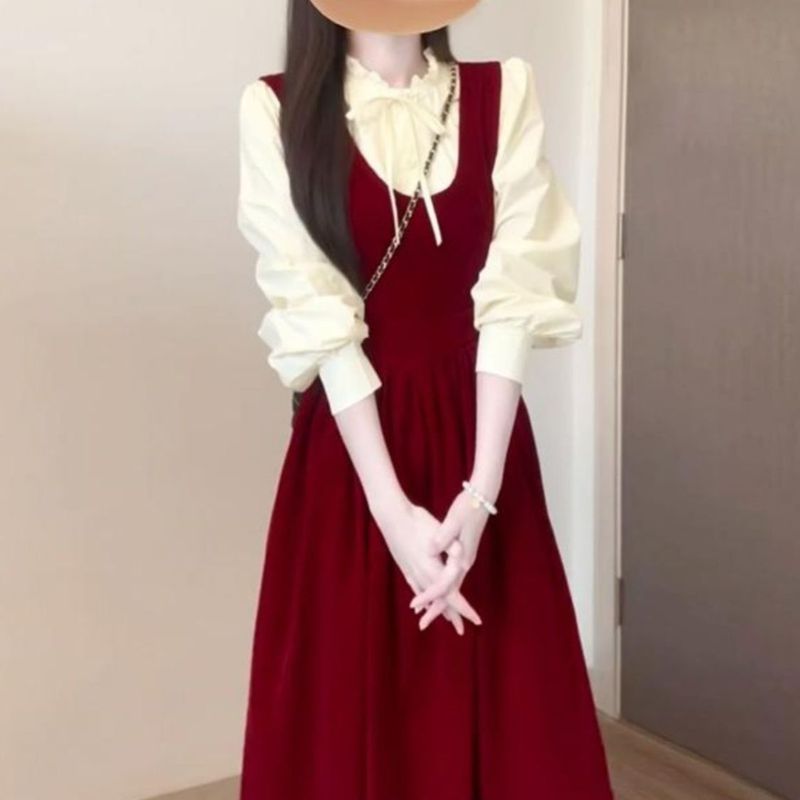 复古法式红色连衣裙子女秋冬季新款感小个子气质长裙背心套装|undefined