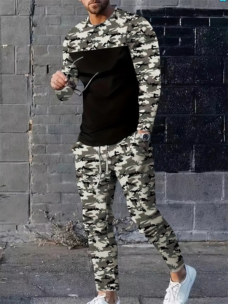 2025 europeo y americano transfronterizo nueva moda casual camuflaje manga larga cuello redondo suéter pantalones traje ME1 ML1