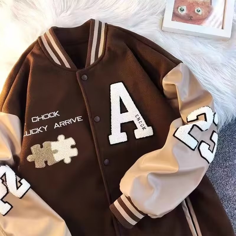 Cross-border baseball uniform men's autumn retro coffee color patchwork letter embroidery towel embroidery patchwork couple jacket