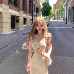JMSHOP魚姫少女花レース網糸魚尾ワンピース中長丈修身包尻サスペンダースカート