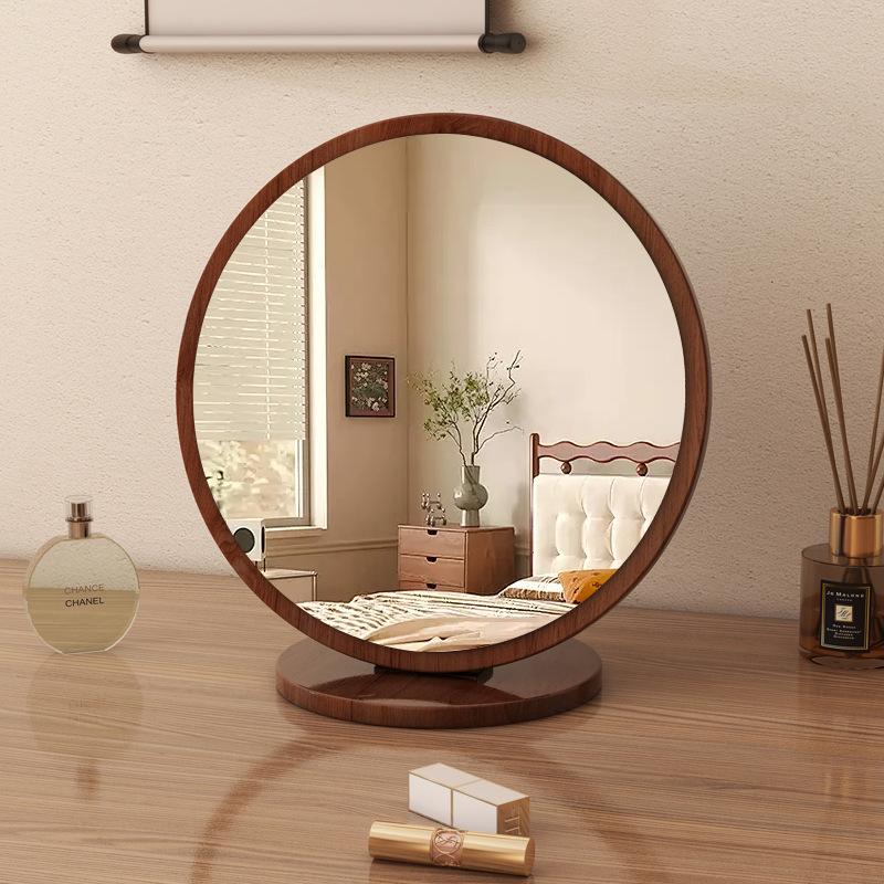 Espejo de maquillaje de madera maciza para el hogar, espejo de tocador de dormitorio femenino, espejo de tocador de escritorio grande plegable portátil retro