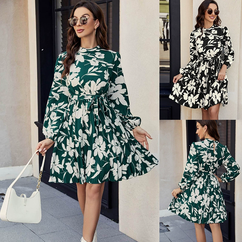 Рекордная съемка трансграничной внешней торговли Европейская и американская женская одежда 2024 весна амазонка с плиссированной талией платье с длинными рукавами