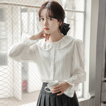 2023年春季新款韩版棉质喇叭袖甜美娃娃领条纹长袖白色衬衣女衬衫
