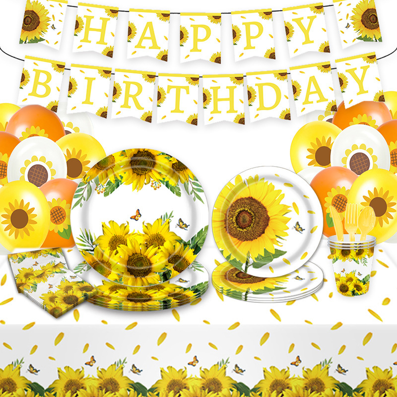 In stock sunflower party tableware theme suit paper plate paper cup tissue birthday pull flag tablecloth party supplies